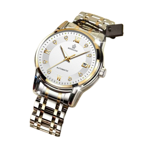 Reloj mecánico totalmente automático 619 correa de acero dorado esfera blanca