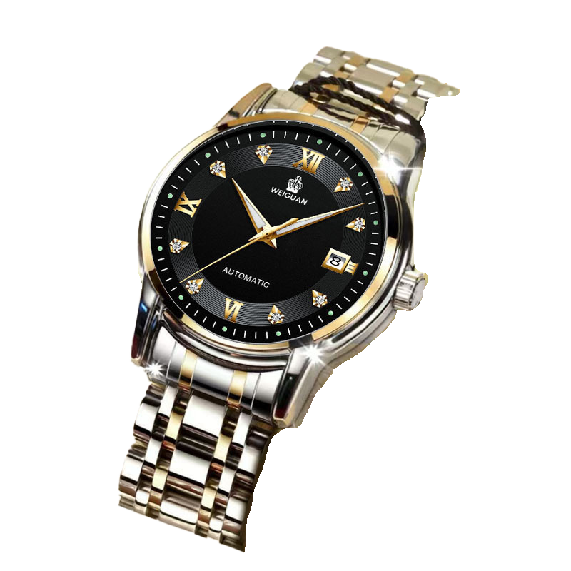 Reloj mecánico totalmente automático 619 correa de acero dorado cara negra